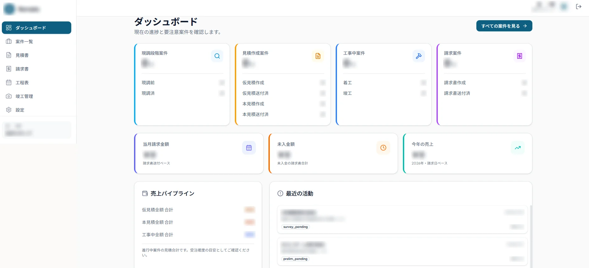 塗装業向け業務改善システムのダッシュボード画面（件数や金額はぼかしています）